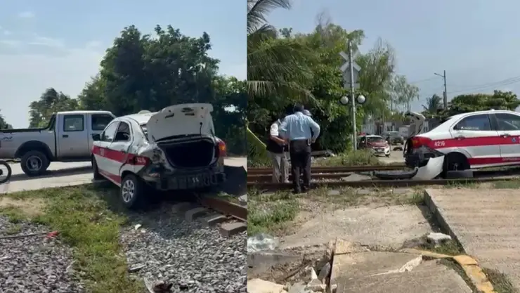Taxi intenta cruzar las vías y es impactado por tren en Coatzacoalcos; familia resulta herida