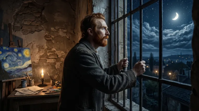 Recreación de Vincent van Gogh observando detenidamente la luna y las estrellas desde los barrotes de su habitación en el asilo.