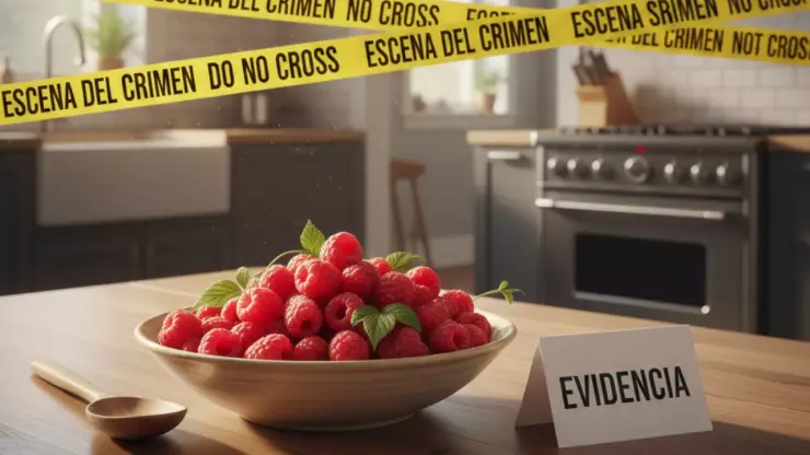 Tazón de frambuesas sobre mesa de madera en cocina, imagen generada con Gemini AI.