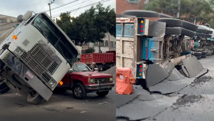 Se vuelca camión sobre camioneta por socavón en Colonia Obrera, CDMX