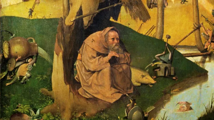 Pintura de San Antonio Abad con una jabalina a su lado.