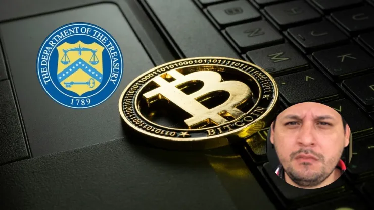 Imagen del logo del Bitcoin, del escudo del Departamento del Tesoro y de Armando de Jesús Ojeda Avilés.
