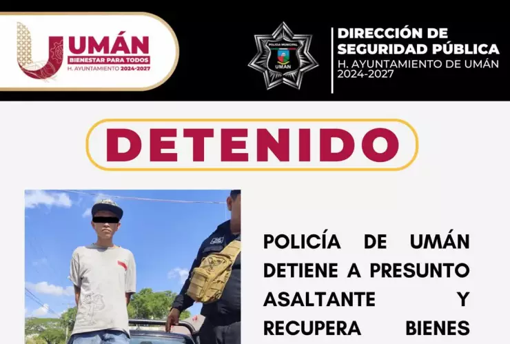 Arrestan en Umán a hombre por presunto robo con arma blanca