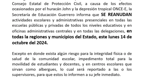 Guerrero retoma sus actividades y los alumnos vuelven a clases este lunes 14