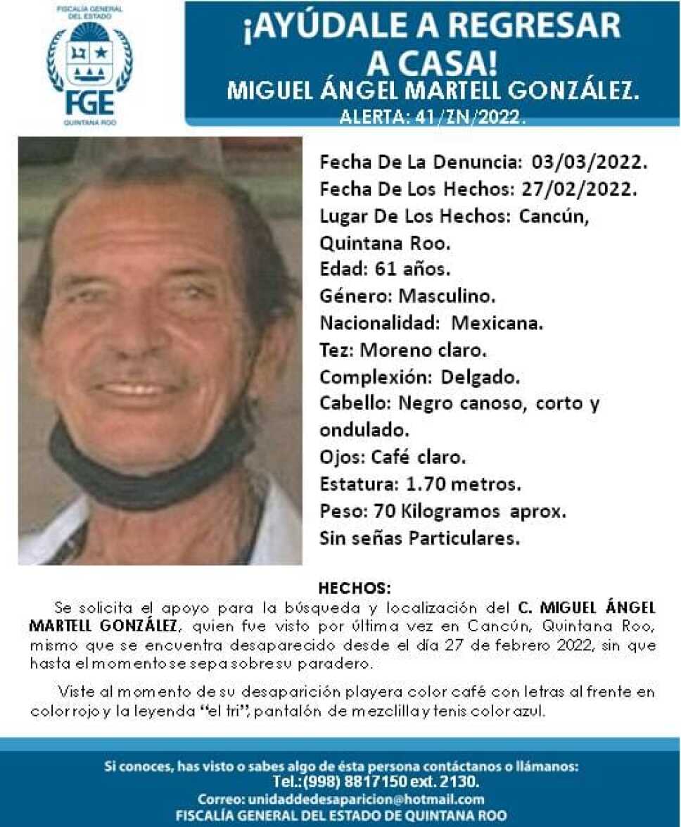 Reportan desaparición de Miguel Ángel Martell González en Benito Juárez