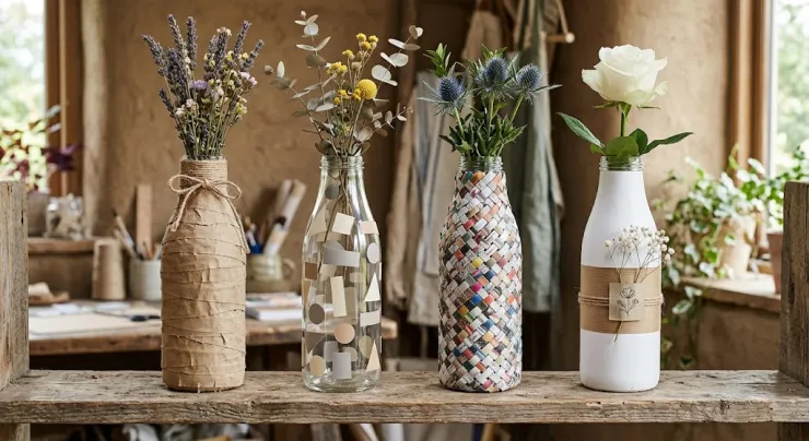 Floreros botellas y papel