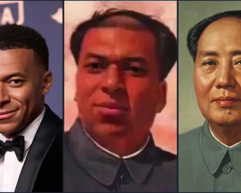 Composición fotográfica de tres paneles que muestra al futbolista Kylian Mbappé a la izquierda, el polémico meme con su rostro editado en el centro y el retrato original del líder chino Mao Zedong a la derecha.