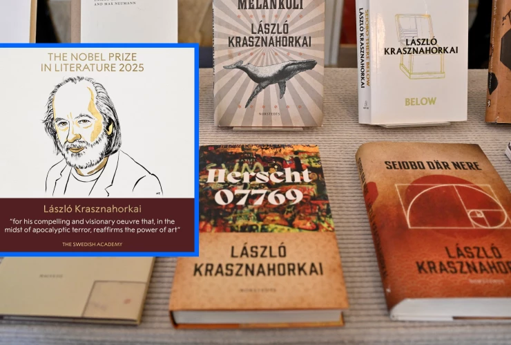 Libros del autor húngaro Laszlo Krasznahorkai, galardonado con el Premio Nobel de Literatura 2025, en la Börshuset de Estocolmo, Suecia.