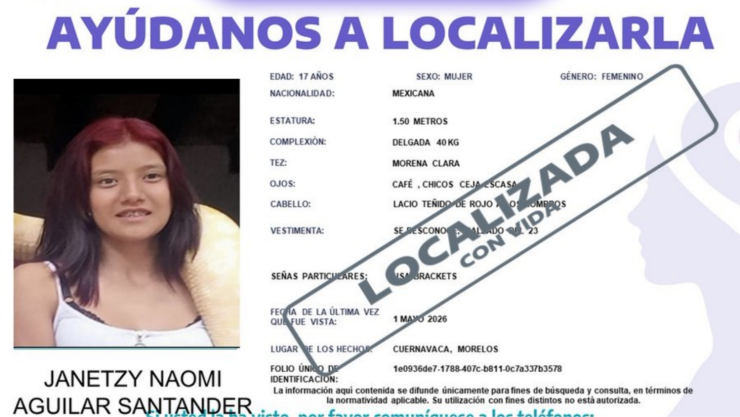 Localizan con vida a Janetzy Naomi Aguilar Santander.