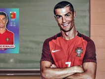 Salón de clases con Cristiano Ronaldo a un lado ys u estampa de Qatar 2022