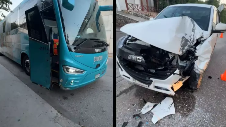 ¡Mañana con accidente! Autobús y camioneta sufren fuerte choque en carretera Tulum- Playa del Carmen