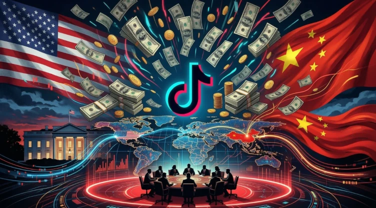 Ilustración editorial de geopolítica tecnológica: un enorme símbolo de TikTok en el centro sobre un fondo oscuro, fajos de billetes y monedas cayendo alrededor con la cifra simbólica de “10 mil millones”, silueta de la Casa Blanca al fondo iluminada, ambiente de negociación política y poder tecnológico, líneas digitales que conectan Estados Unidos y China en un mapa del mundo, estilo portada de revista económica internacional