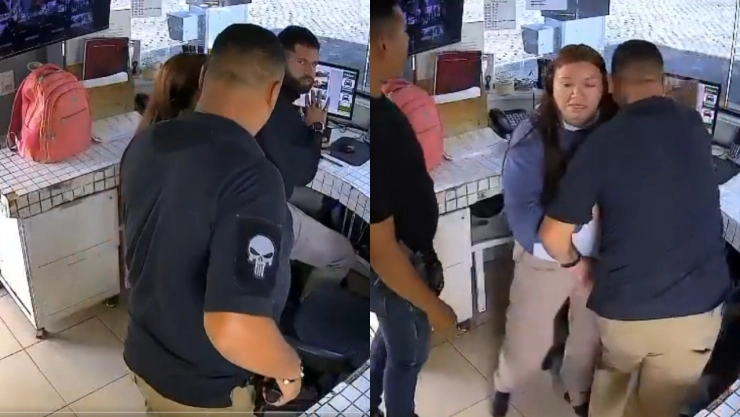 Captura de un video que muestra a 2 escoltas vestidos de negro golpeando a otro hombre mientras una mujer intenta detener la agresión en Zapopan, Jalisco.