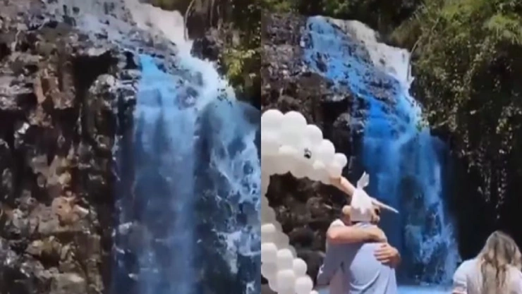 pareja tiñe cascada