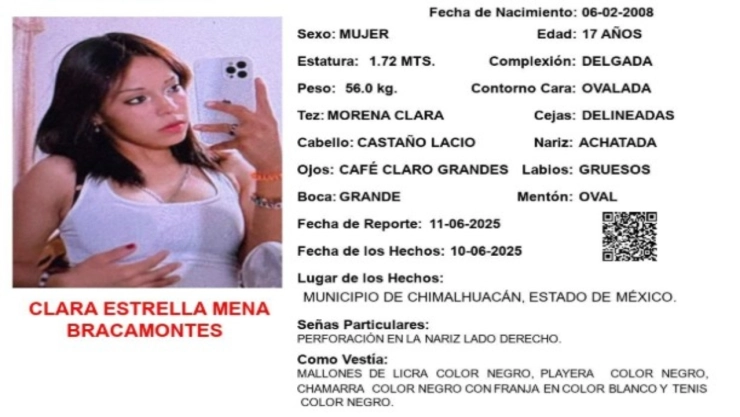 Activan Alerta Amber para Clara Estrella; menor desaparecida en Chimalhuacán, Edomex