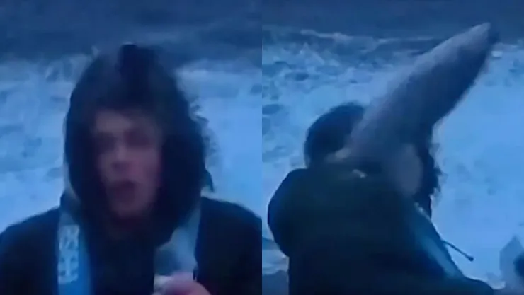 ¡Increíble! Reportero es noqueado por un pez mientras informaba sobre una tormenta en Noruega