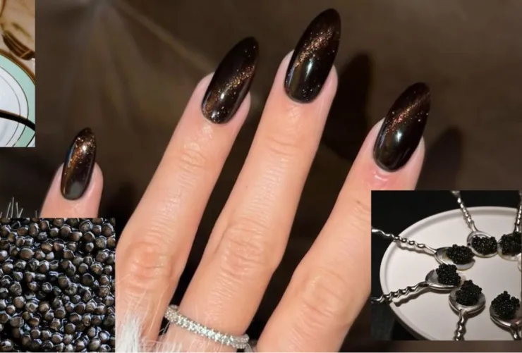 uñas caviar largas con punta almendrada