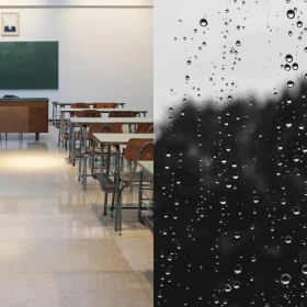 Salón de clases y vidrio con lluvia.
