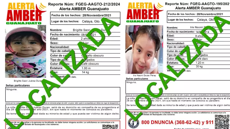 Localizan con vida a Brigitte Saori e Iris Naomi, niñas desaparecidas en Celaya desde 2021