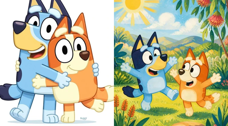 5 plantillas de Bluey y Bingo para pintar con acuarelas