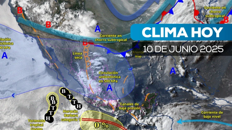 Mapa satelital del clima en México para el 10 de junio de 2025.