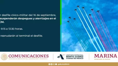 El AICM informa que desde las 9:15 horas y hasta las 13:30 horas de este sábado 16 de septiembre, se suspenden los despegues y aterrizajes