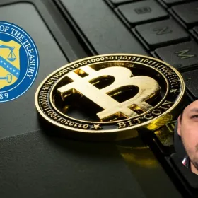 Imagen del logo del Bitcoin, del escudo del Departamento del Tesoro y de Armando de Jesús Ojeda Avilés.