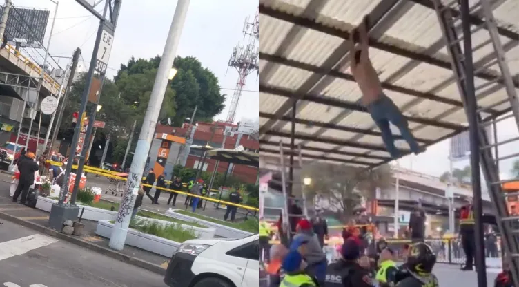 hombre colgado en estructura metálica en Metro Mixcoac