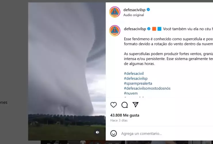 La Defensa Civil de São Paulo explica que “Las supercélulas pueden producir fuertes vientos, granizo y lluvias intensas y/o persistentes.