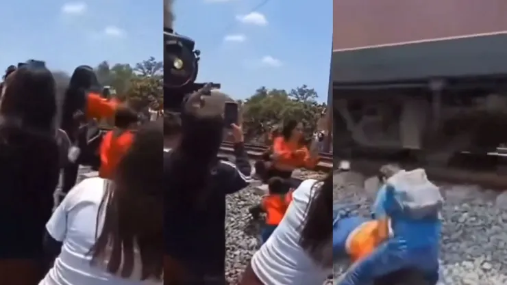momento en el que una mujer intenta tomarse una selfie y tren la golpea
