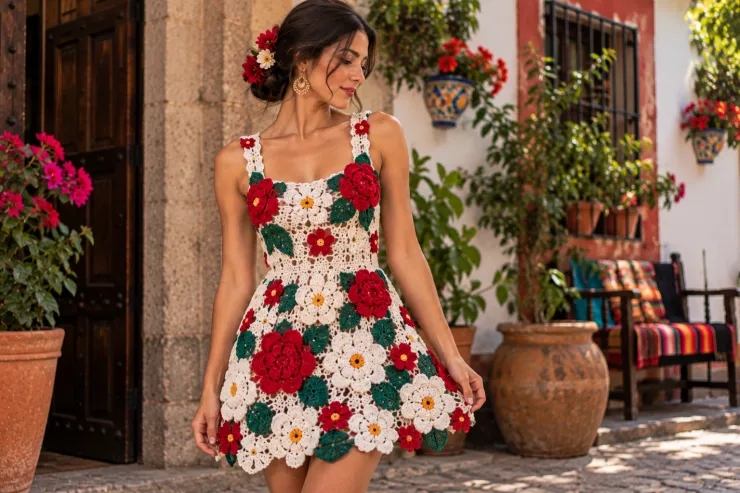 Vestido con flores de crochet en relieve