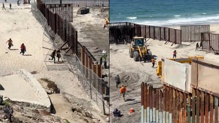 VIDEO: Migrantes aprovechan reparación del muro y cruzan corriendo