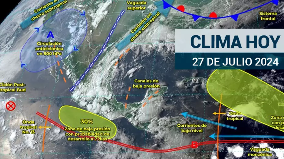 El pronóstico del clima hoy 27 de julio espera lluvias y torbellinos.