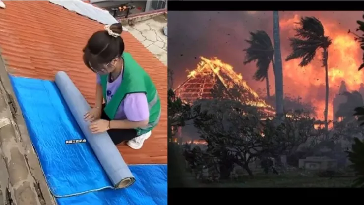 Mujeres colocando techos azules en China