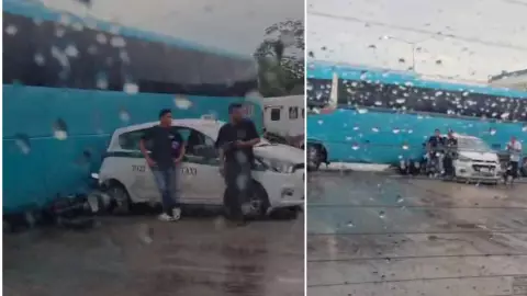 ¡Alerta vial! Accidente sobre la avenida López Portillo en Cancún provoca tráfico lento: Choque entre autobús y taxista