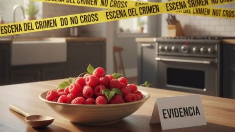 Tazón de frambuesas sobre mesa de madera en cocina, imagen generada con Gemini AI.