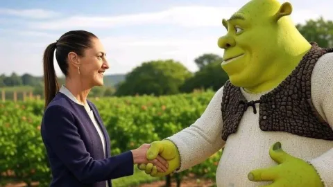 Presidenta de México y Shrek, imagen creada con Inteligencia Artificial.