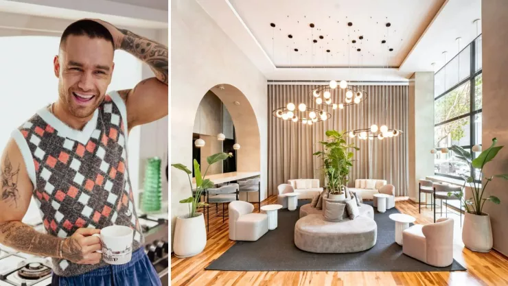 Collage de Liam Payne y el lobby del hotel Casa Sur en Argentina.