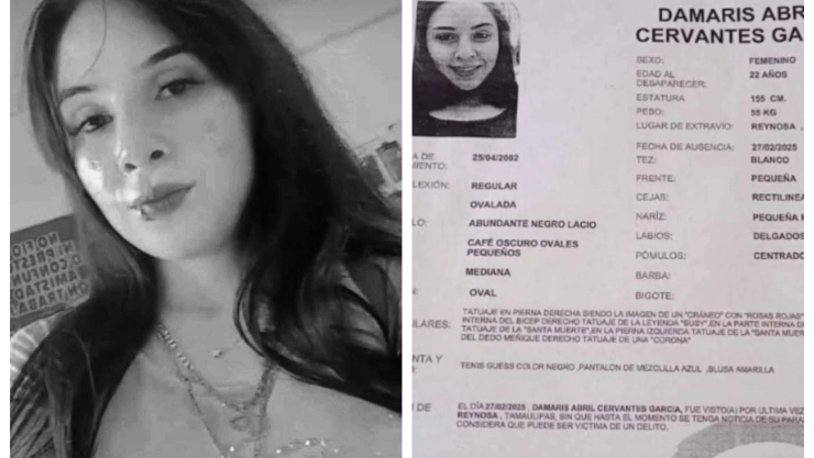 Tragedia en Tamaulipas: Hallan sin vida a joven desaparecida en fosa clandestina cerca de aeropuerto: En la imagen se observa la ficha de búsqueda de Damaris Cervantes, quien desapareció el 27 de febrero del 2025.
