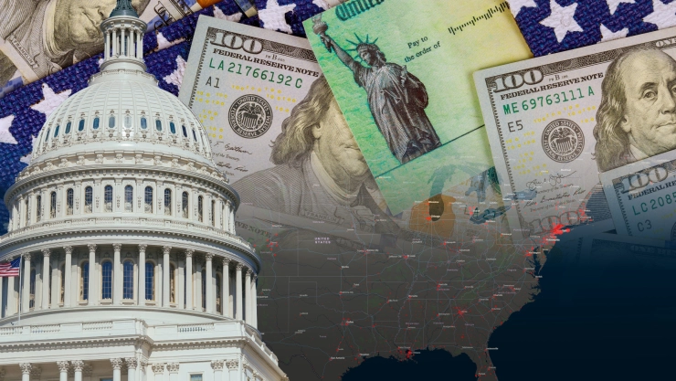 un concepto con el mapa de Estados Unidos y d&oacute;lares superpuestos