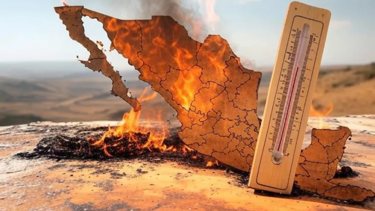 (Imagen generada con IA) Un mapa de la República Mexicana a lado de un termómetro rodeado de fuego por las altas temperaturas que traerá la temporada de calor.
