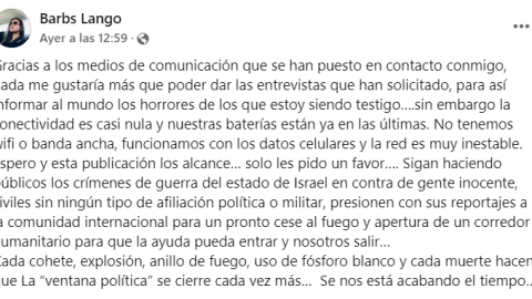 Mensaje de Bárbara Lango, mazatleca atrapada en Gaza