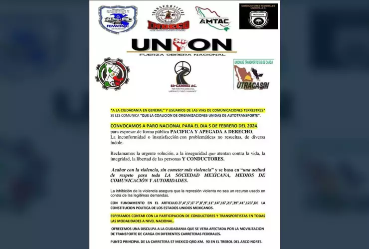 Transportistas anuncian paro nacional.