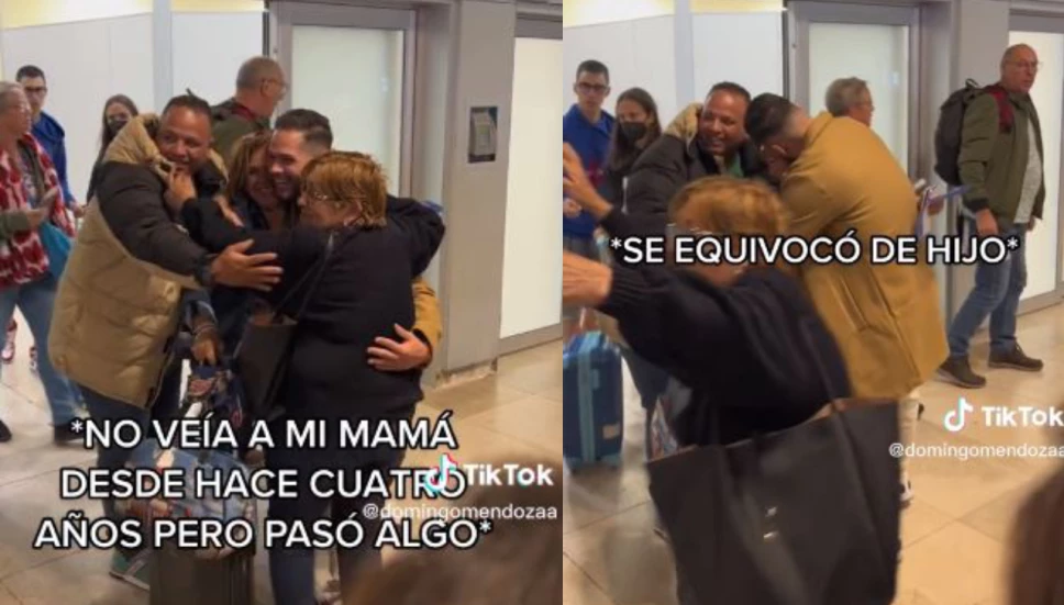 Madre abrazando a otro joven en lugar de su hijo en aeropuerto