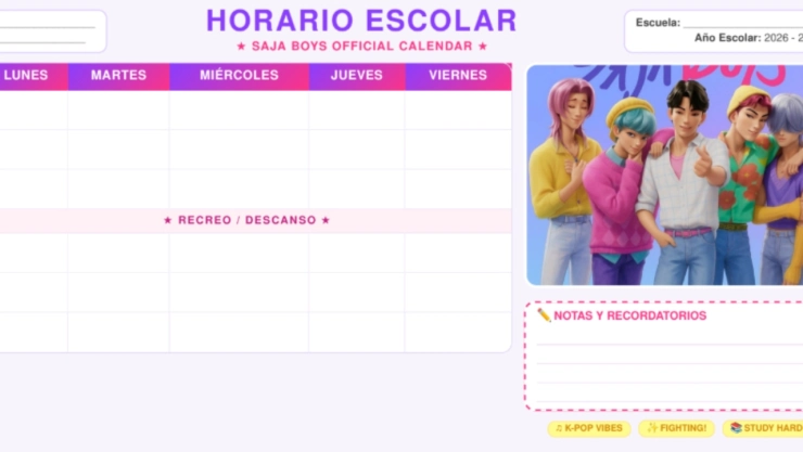 Calendario escolar de los Saja Boys en PDF para imprimir | De lunes a viernes y GRATIS