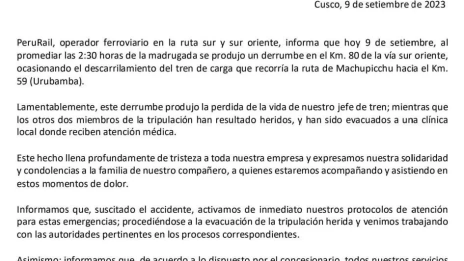 Tren se descarrila en Perú