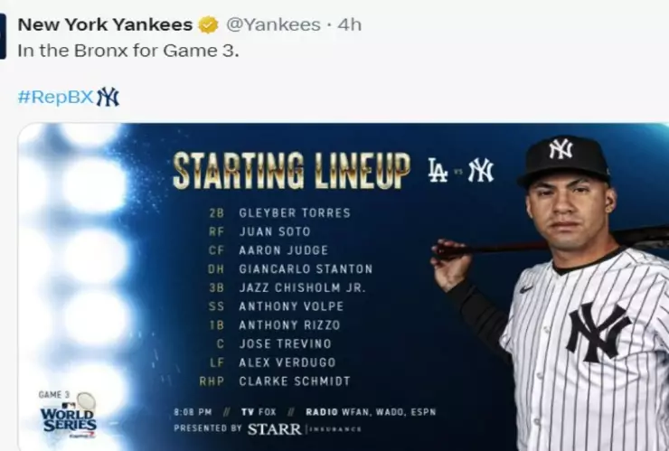 El line up de los Yankees de Nueva York para el juego 3 de la Serie Mundial 2024 incluye a Giancarlo Stanton; así buscarán un buen resultado vs los Dodgers