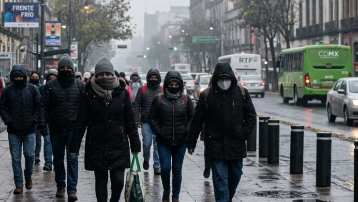Personas caminando muy bien abrigados por el frío en CDMX