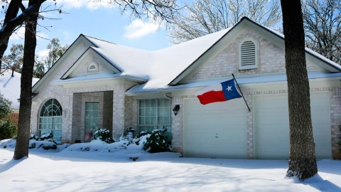 Bandera de Texas en zona residencial cubierta de nieve