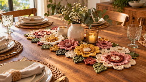 Centro de mesa floral de crochet